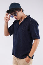 Self Texture Cuban Shirt - Navy Blue - Mendeez