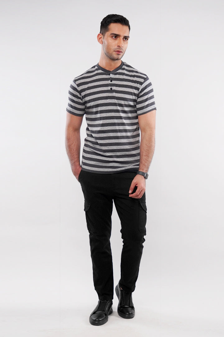 Striped Henley T-Shirt - Grey - Mendeez