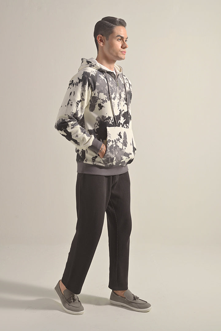 Printed Half Zipper Hoodie - Black & White - Mendeez