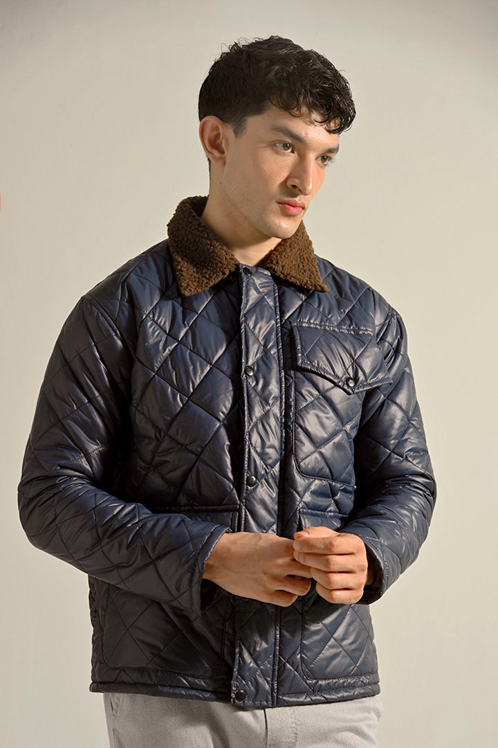 Quilted Puffer Jacket - Navy Blue - Mendeez