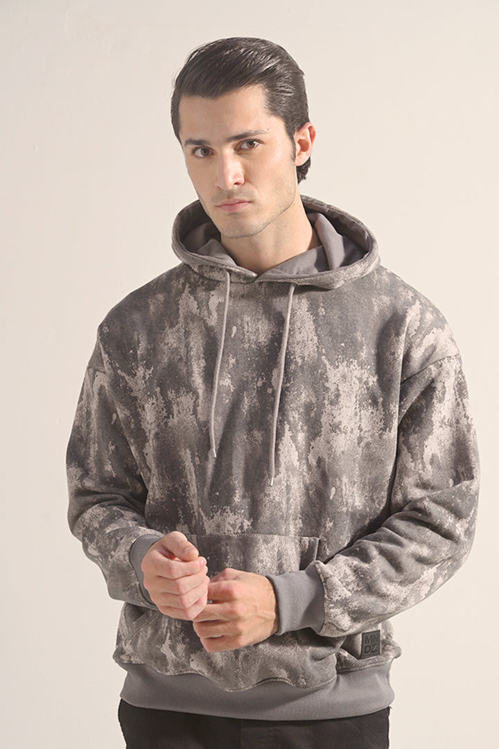Printed Pullover Hoodie - Grey - Mendeez