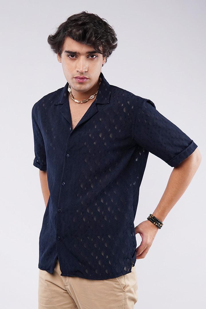 Self Texture Cuban Shirt - Navy Blue - Mendeez