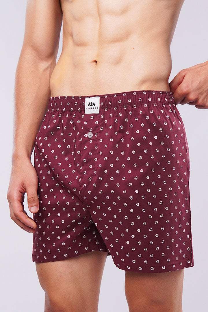 Printed Woven Boxer Shorts - Maroon - Mendeez