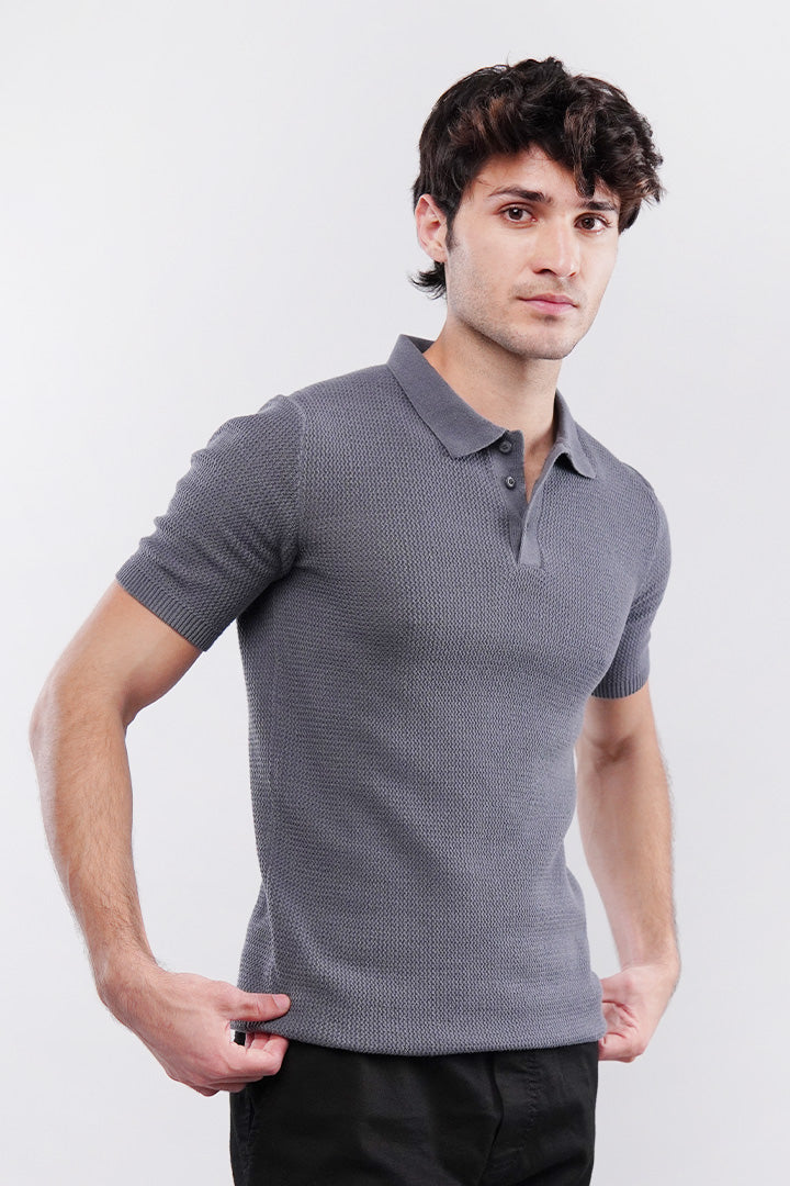 Knitted Polo Shirt - Grey - Mendeez