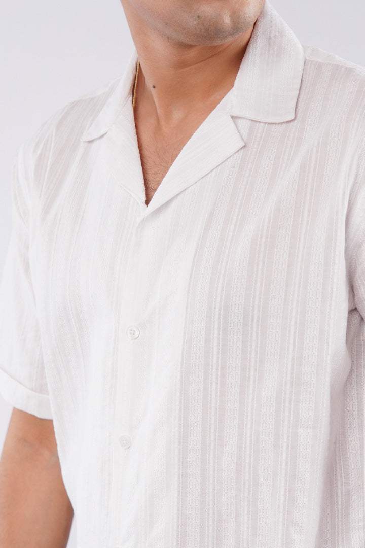 Striped Texture Cuban Shirt - White - Mendeez