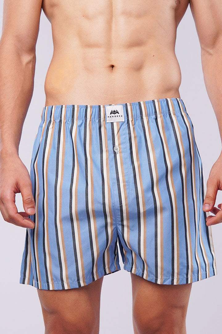 Striped Woven Boxer Shorts - Sky Blue - Mendeez