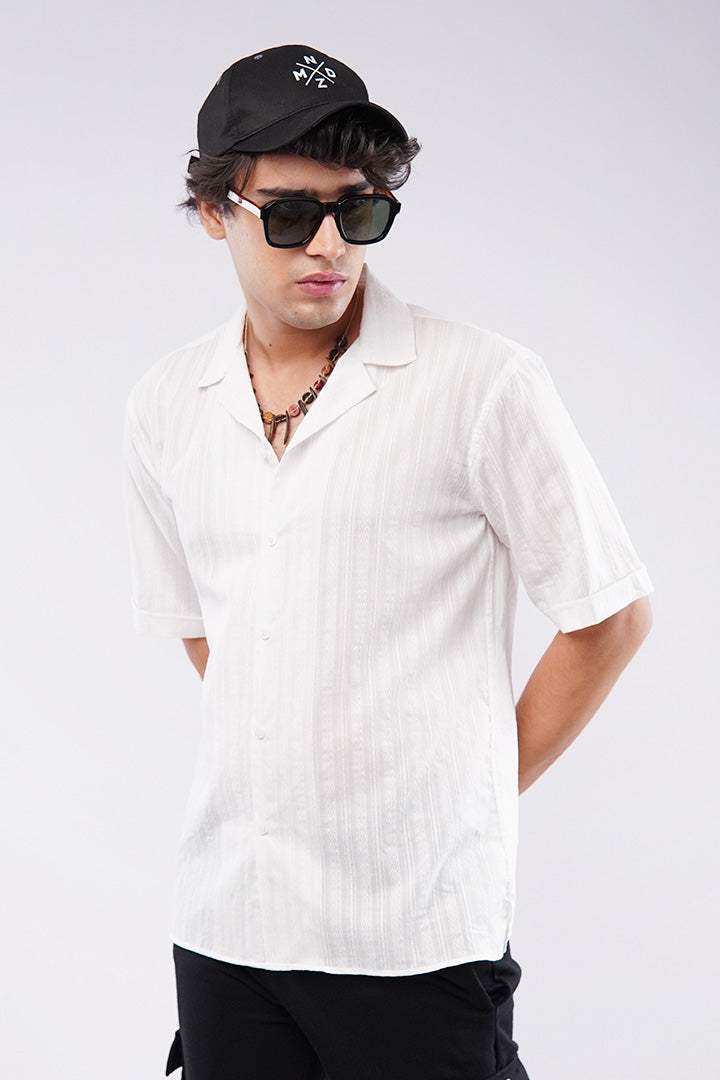 Striped Texture Cuban Shirt - White - Mendeez