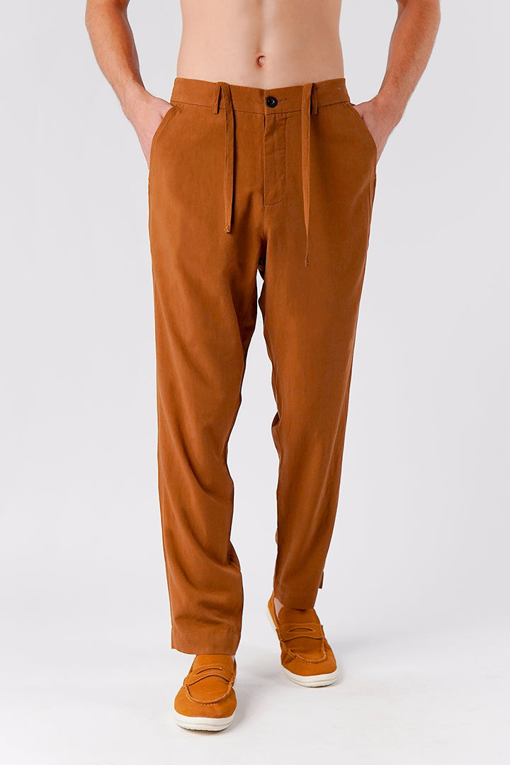 Straight Fit Linen Pants - Brown - Mendeez