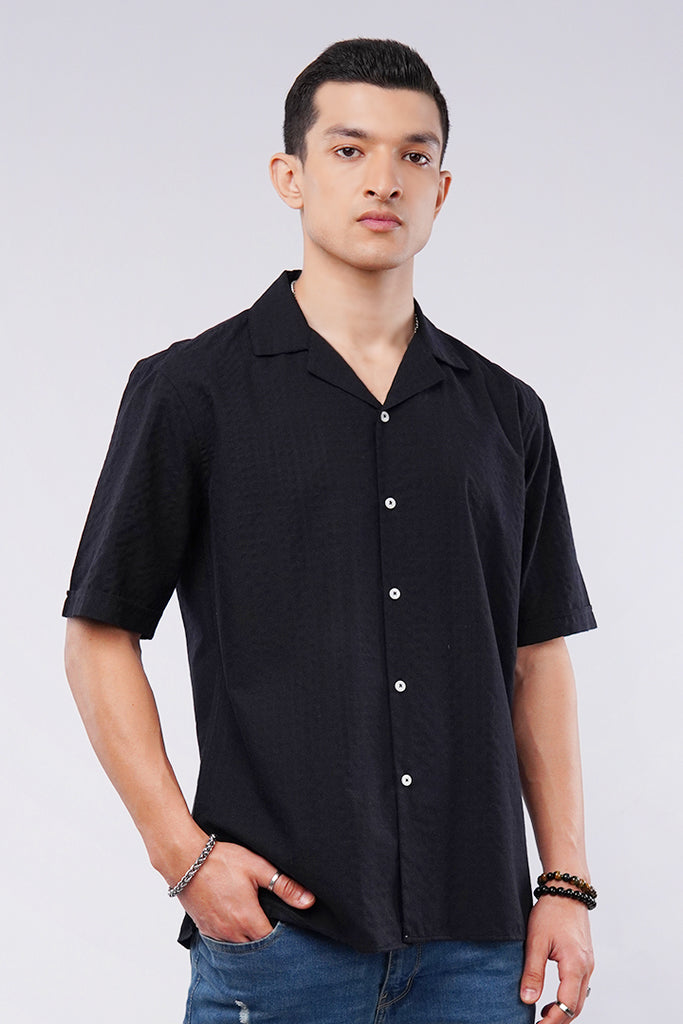 Textured Cuban Shirt - Black - Mendeez
