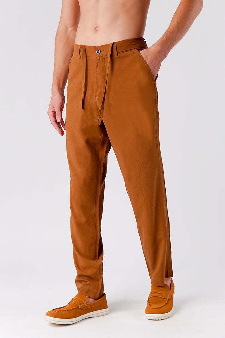 Straight Fit Linen Pants - Brown - Mendeez