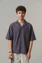 Striped Box Cuban Shirt - Navy Blue - Mendeez
