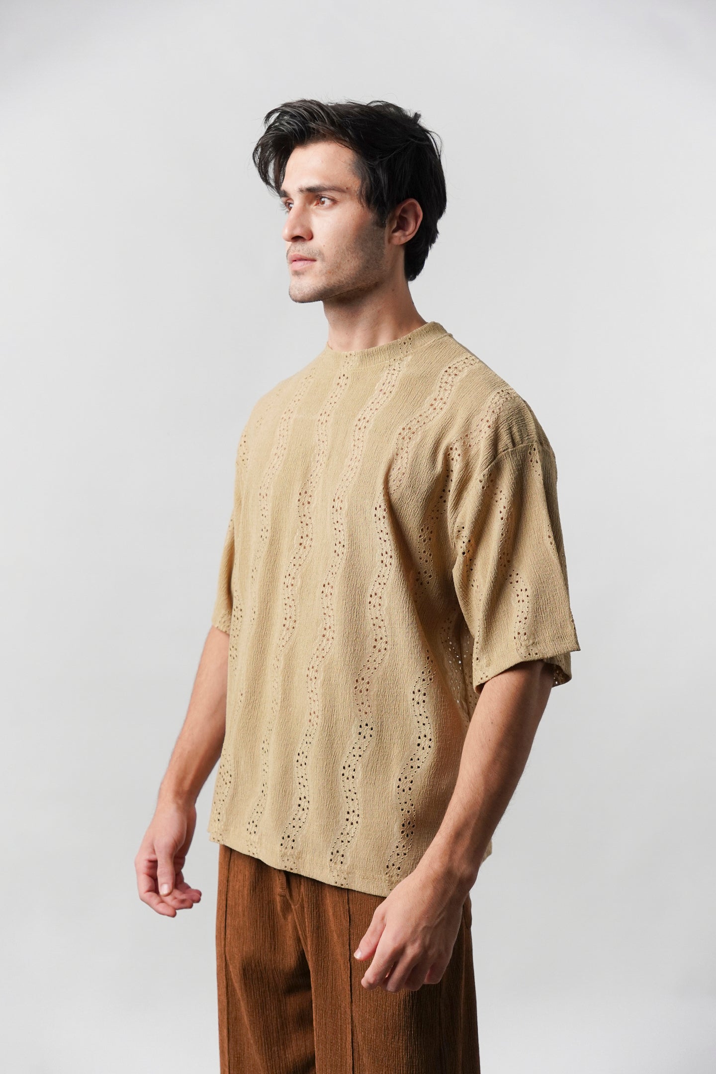 Textured Oversized T-Shirt - Sand Brown - Mendeez