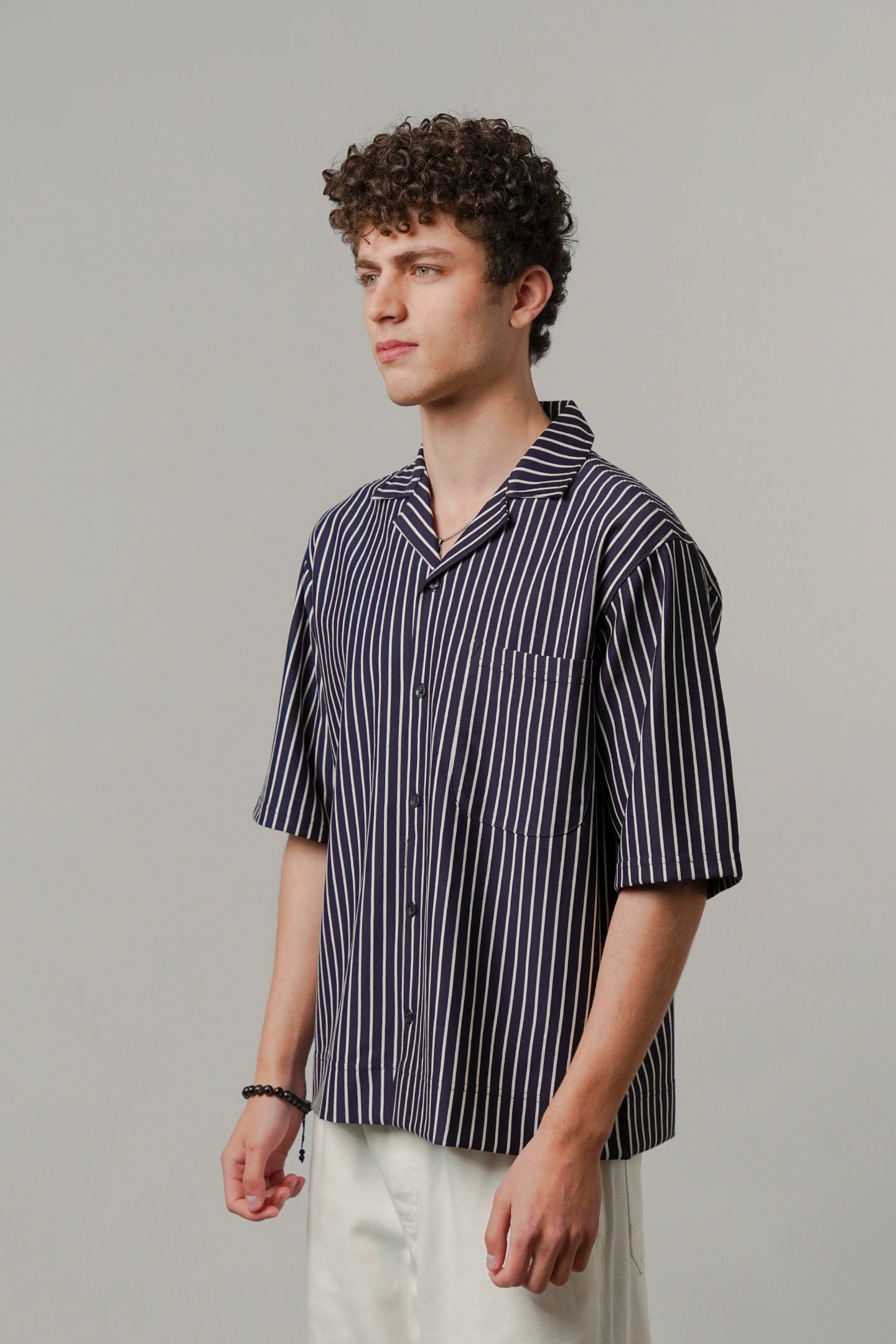 Striped Box Cuban Shirt - Navy Blue - Mendeez
