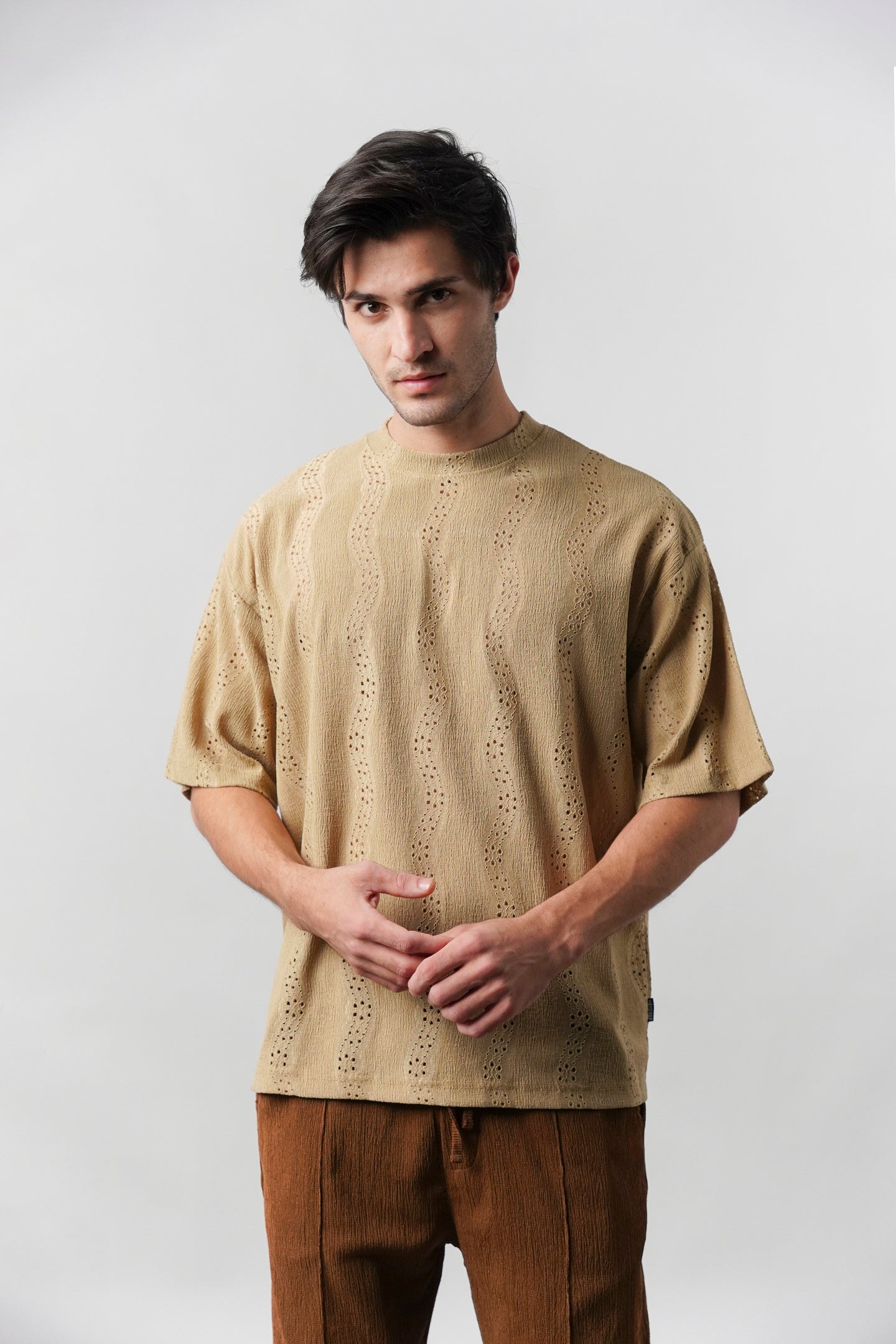 Textured Oversized T-Shirt - Sand Brown - Mendeez
