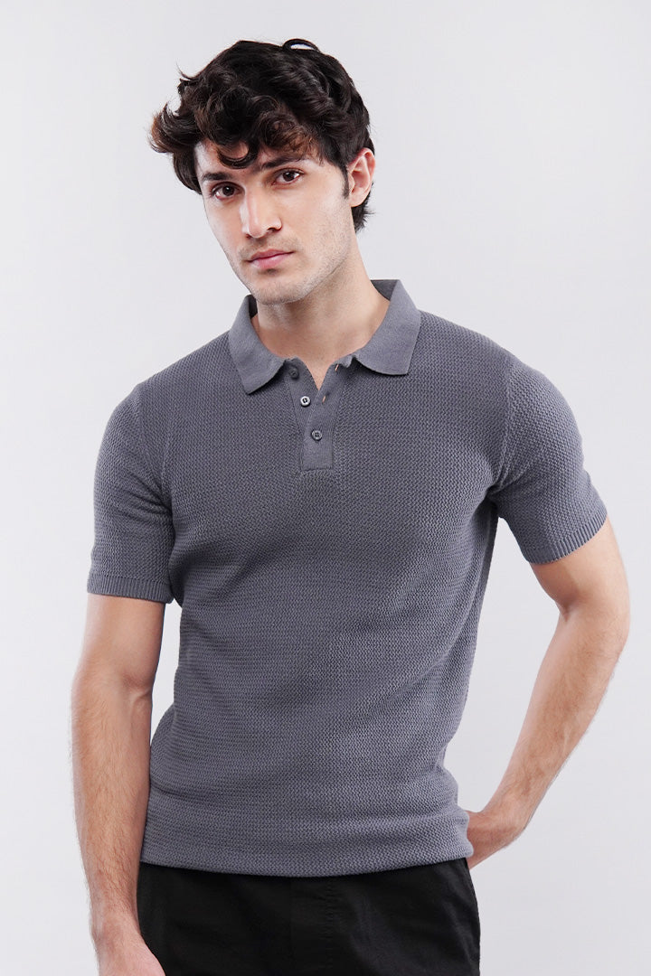 Knitted Polo Shirt - Grey - Mendeez