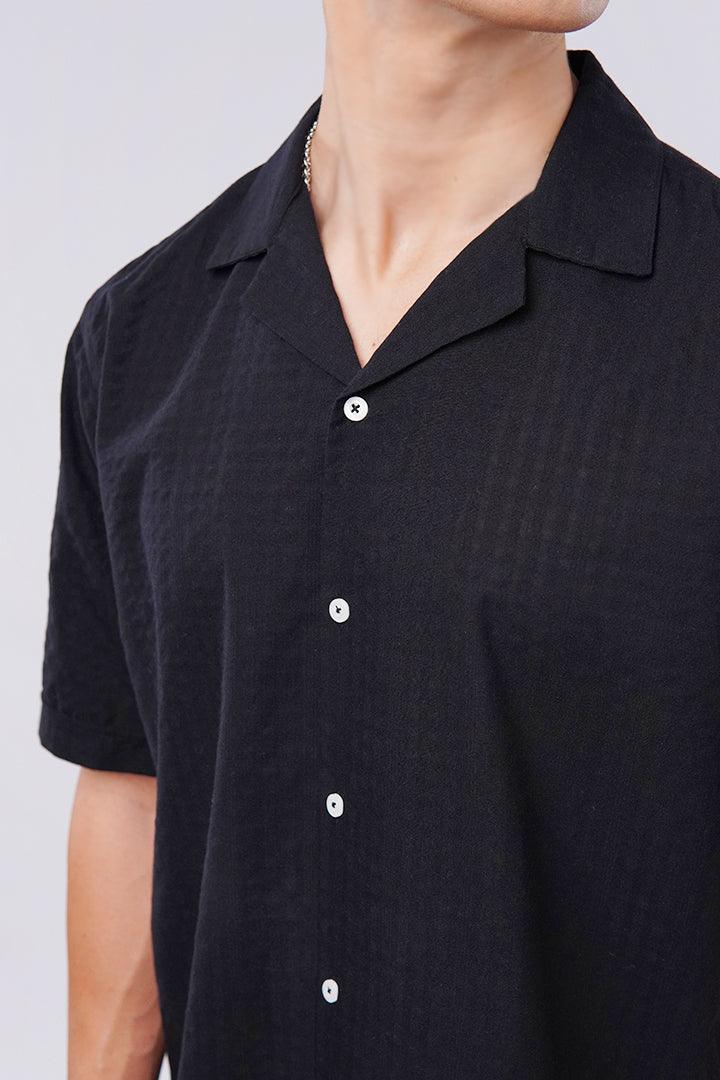 Textured Cuban Shirt - Black - Mendeez