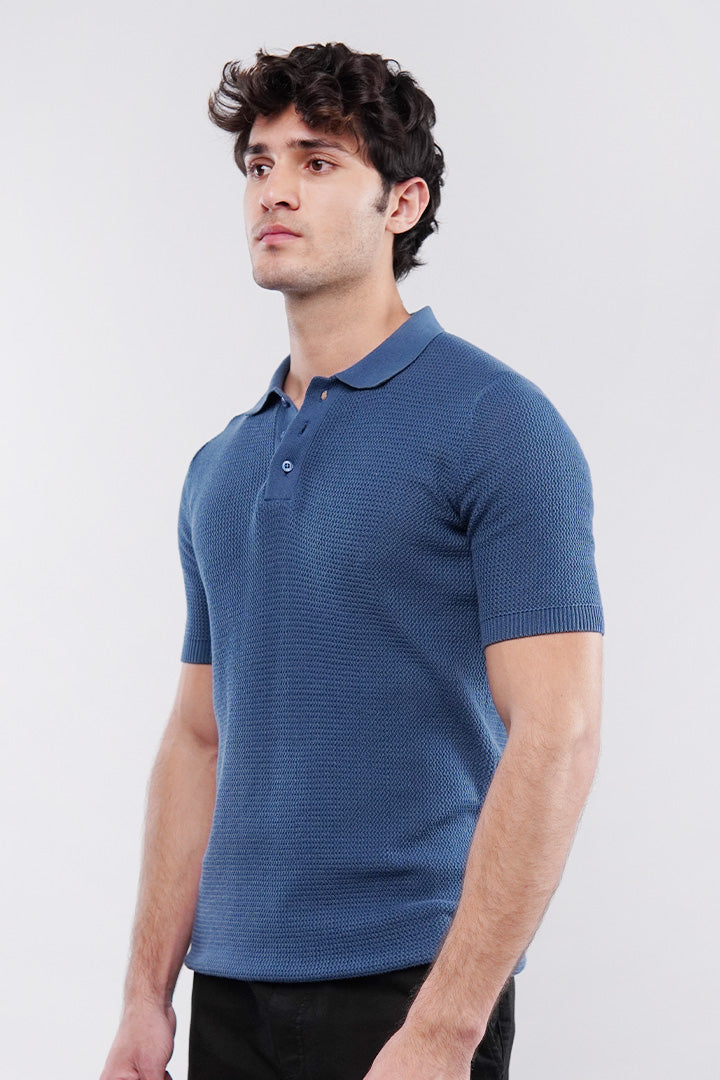 Knitted Polo Shirt - Teal Blue - Mendeez
