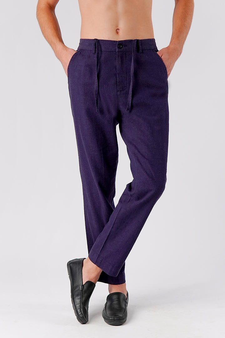 Straight Fit Linen Pants - Navy Blue - Mendeez