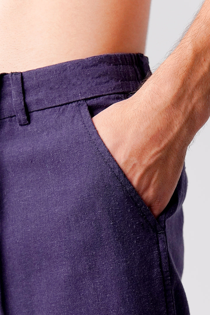 Straight Fit Linen Pants - Navy Blue - Mendeez