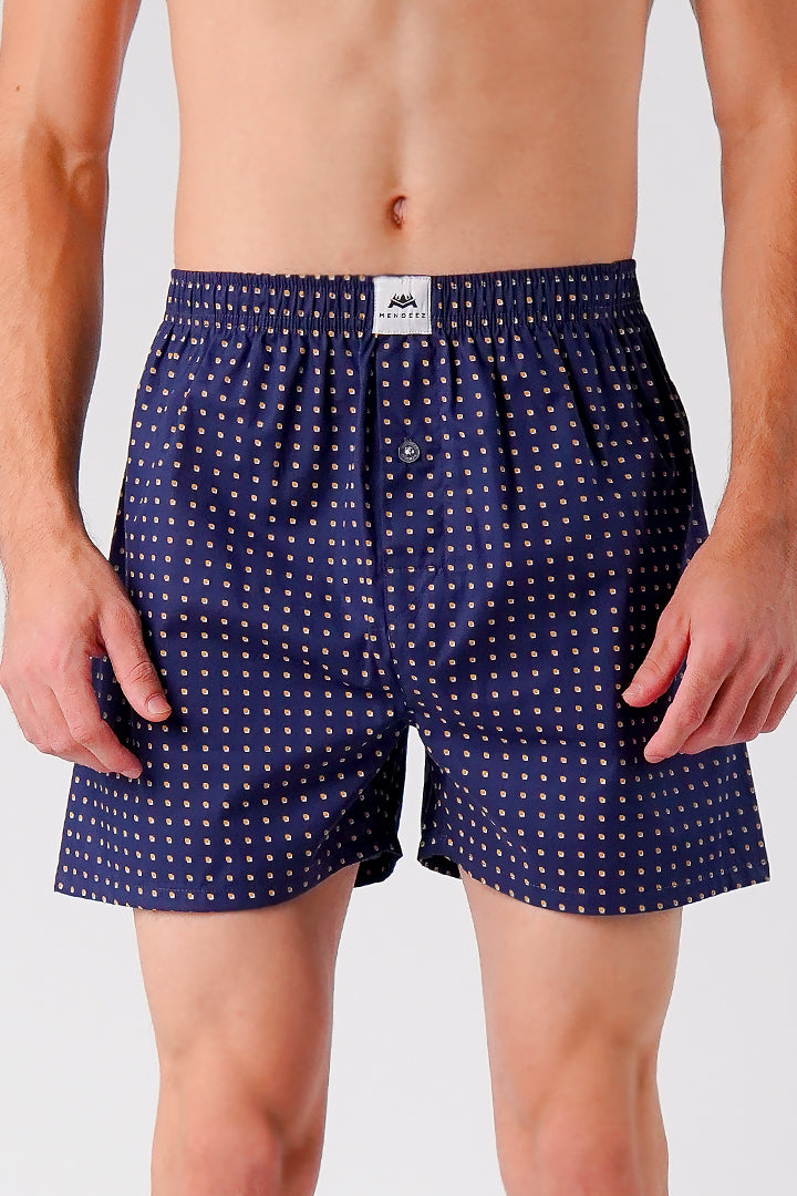 Printed Woven Boxer Shorts - Navy Blue - Mendeez