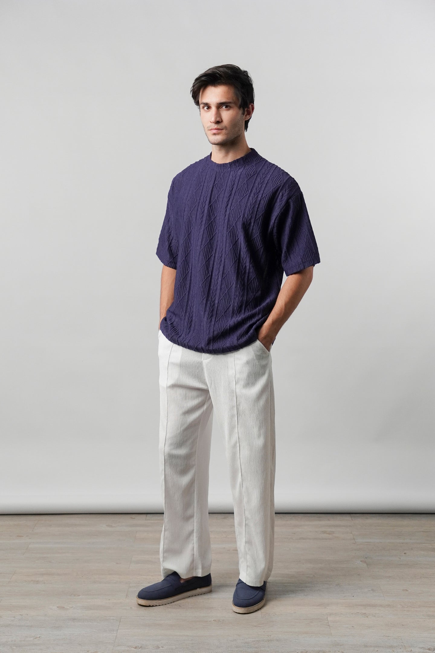 Textured Oversized T-Shirt - Navy Blue - Mendeez