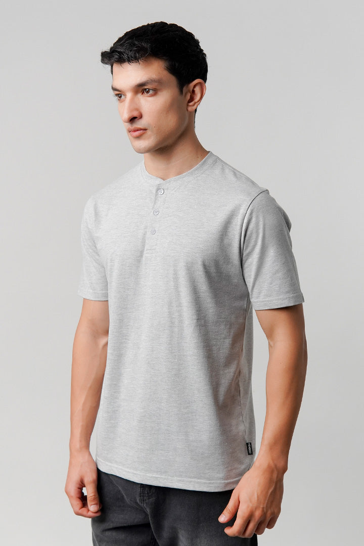 Regular Fit Henley T-Shirt - Heather Grey - Mendeez