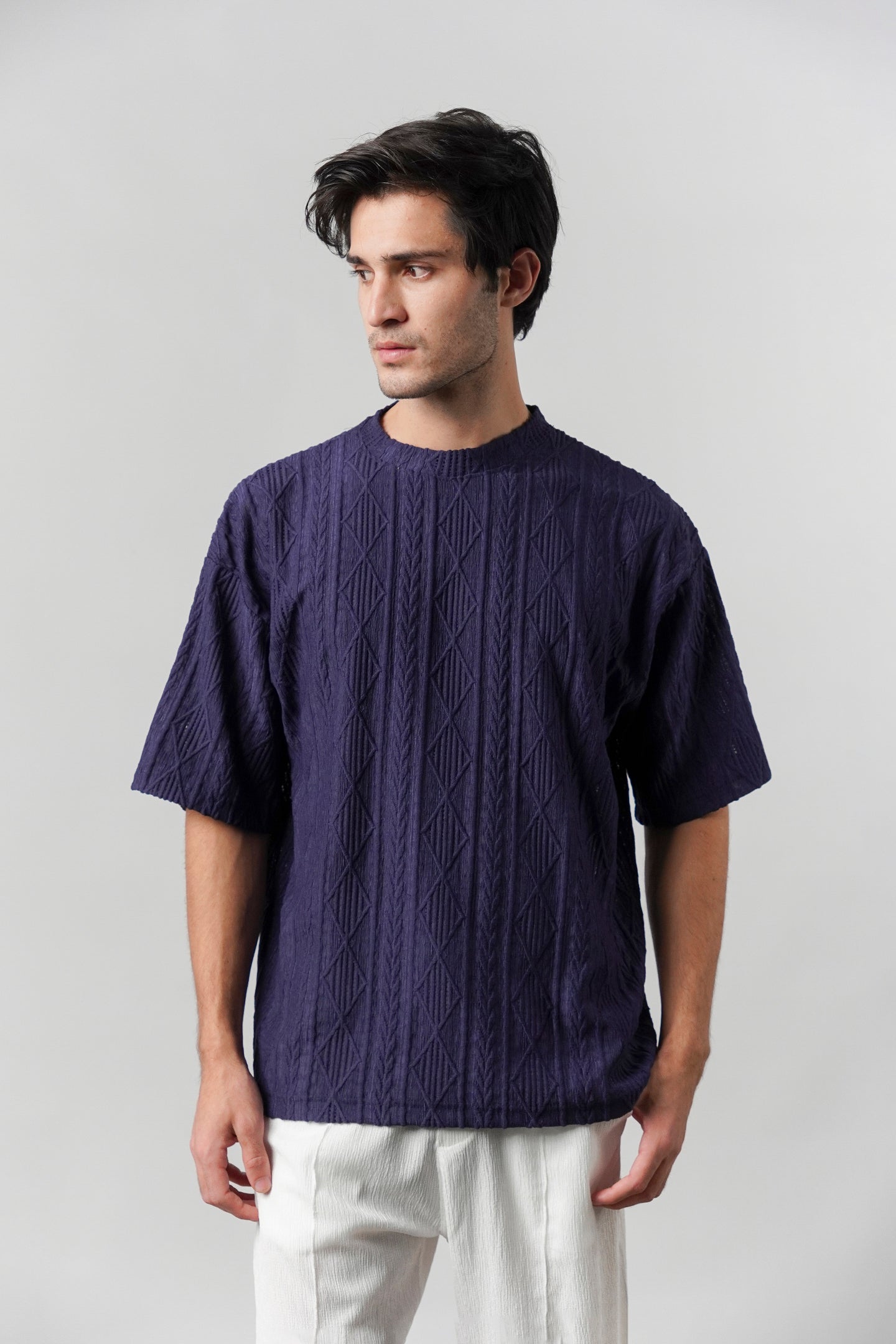 Textured Oversized T-Shirt - Navy Blue - Mendeez