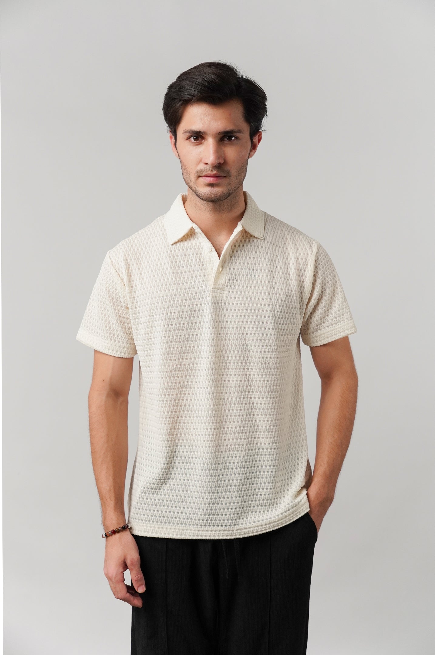 Knitted Polo Shirt - Cream - Mendeez