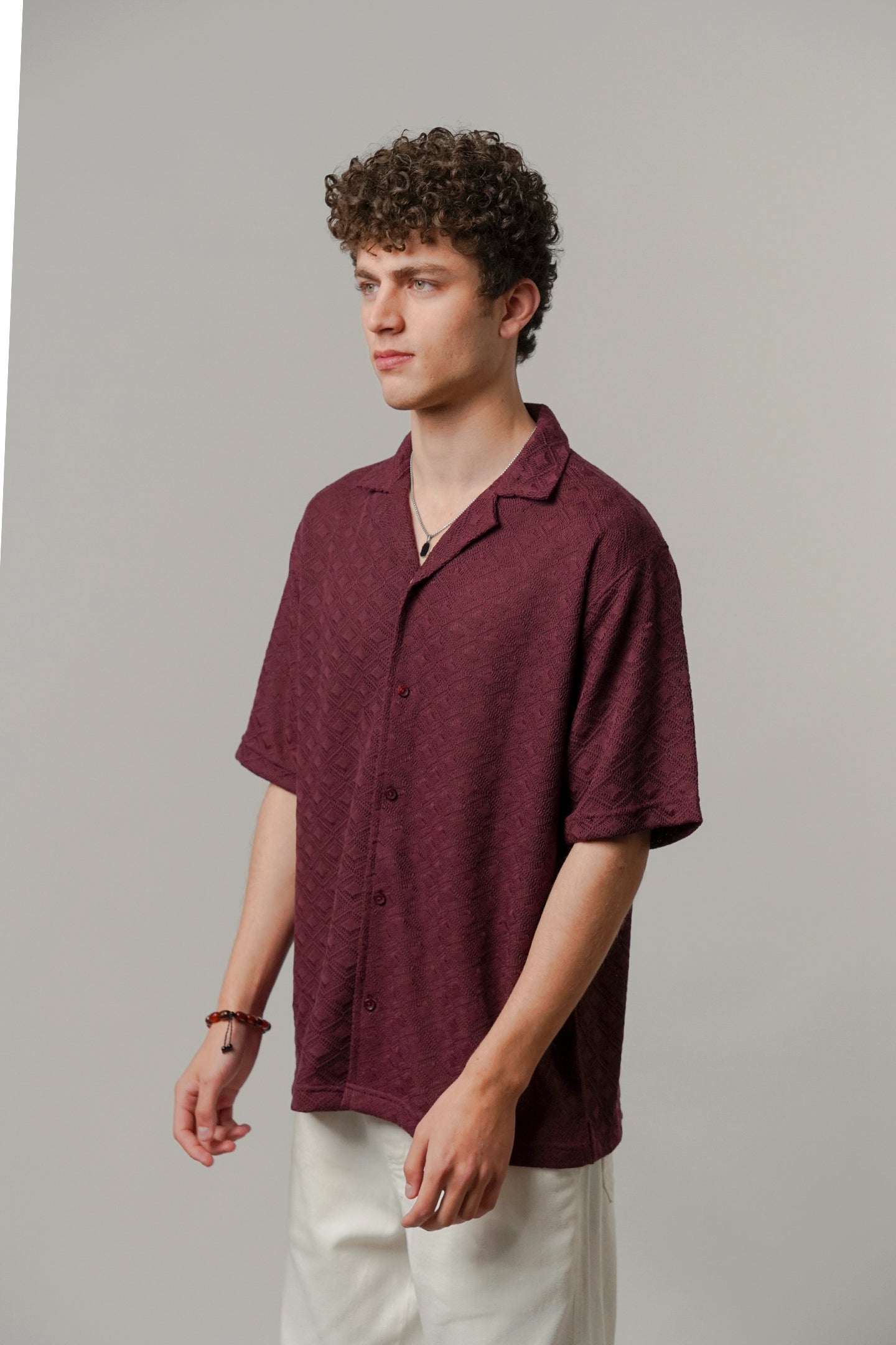 Textured Cuban Shirt - Maroon - Mendeez