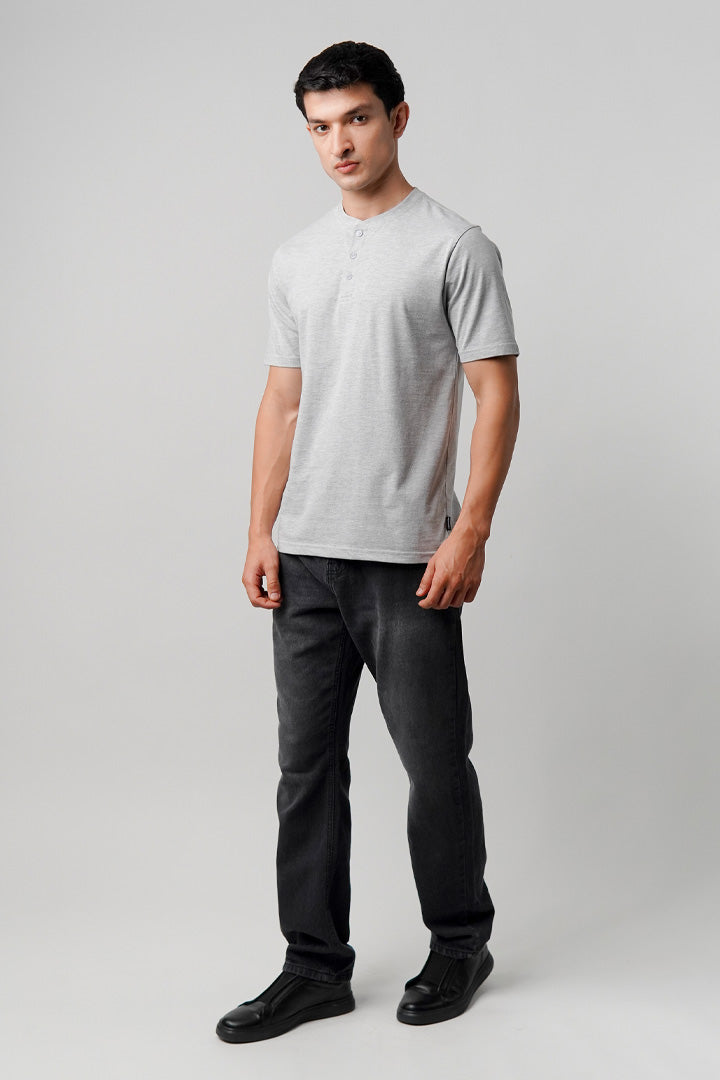 Regular Fit Henley T-Shirt - Heather Grey - Mendeez