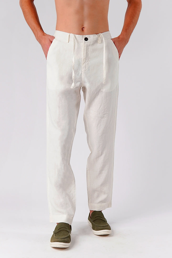 Straight Fit Linen Pants - White - Mendeez