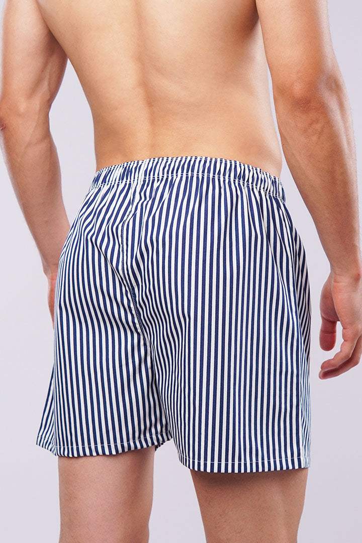 Striped Woven Boxer Shorts - Navy Blue & White - Mendeez