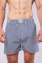 Striped Woven Boxer Shorts - Navy Blue & White - Mendeez