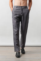 Straight Fit Linen Pants - Grey - Mendeez