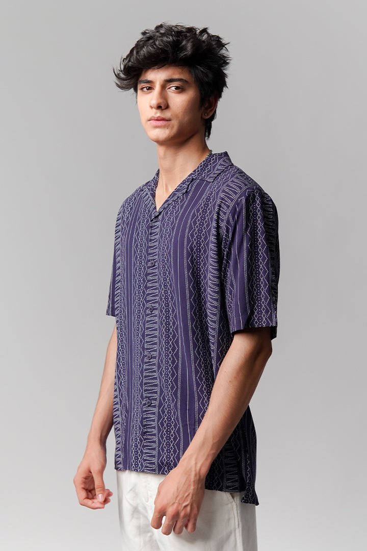 Printed Linen Cuban Shirt - Navy Blue - Mendeez