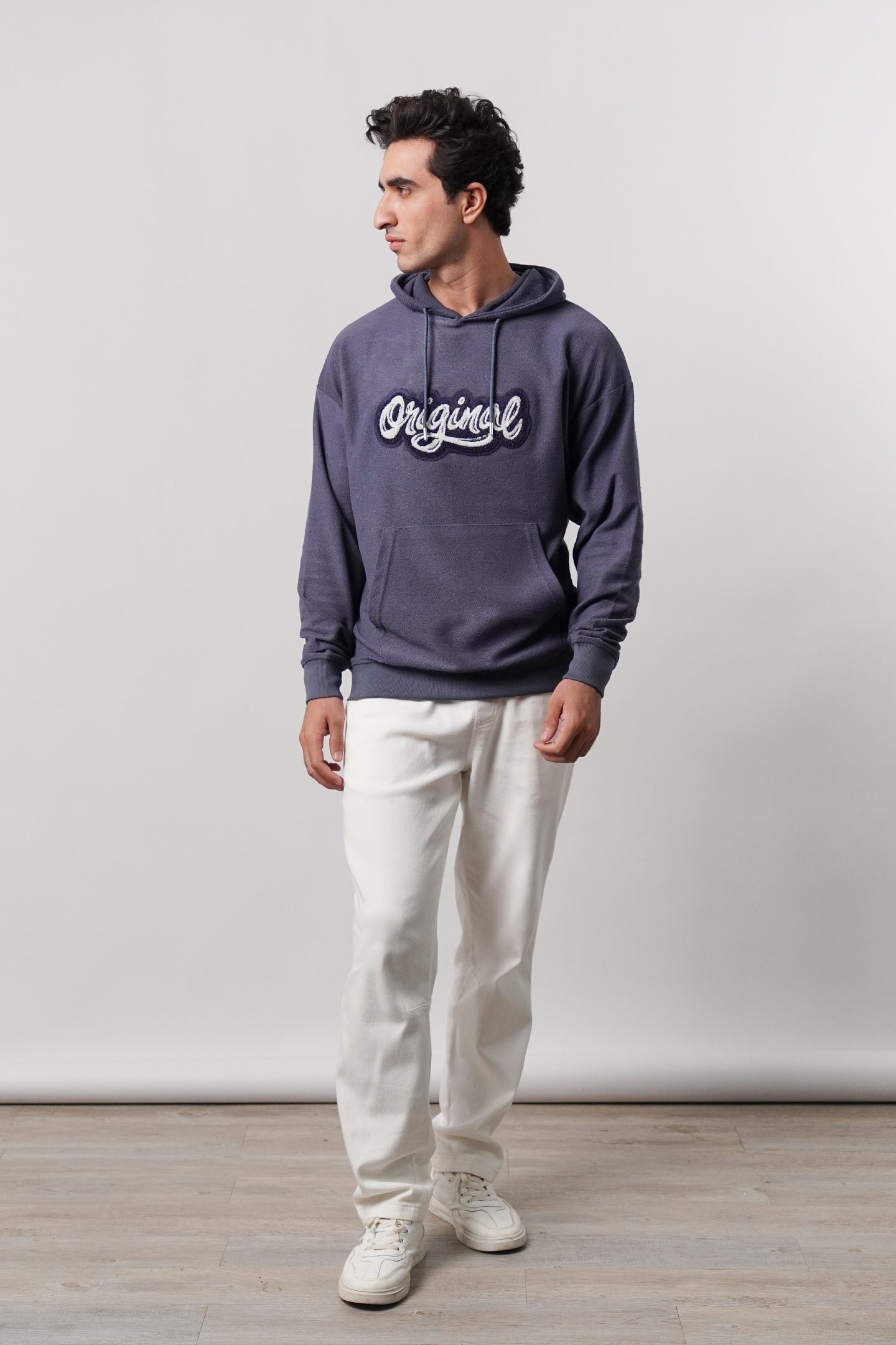 Pullover Embroidered Hoodie - Greyish Blue - Mendeez