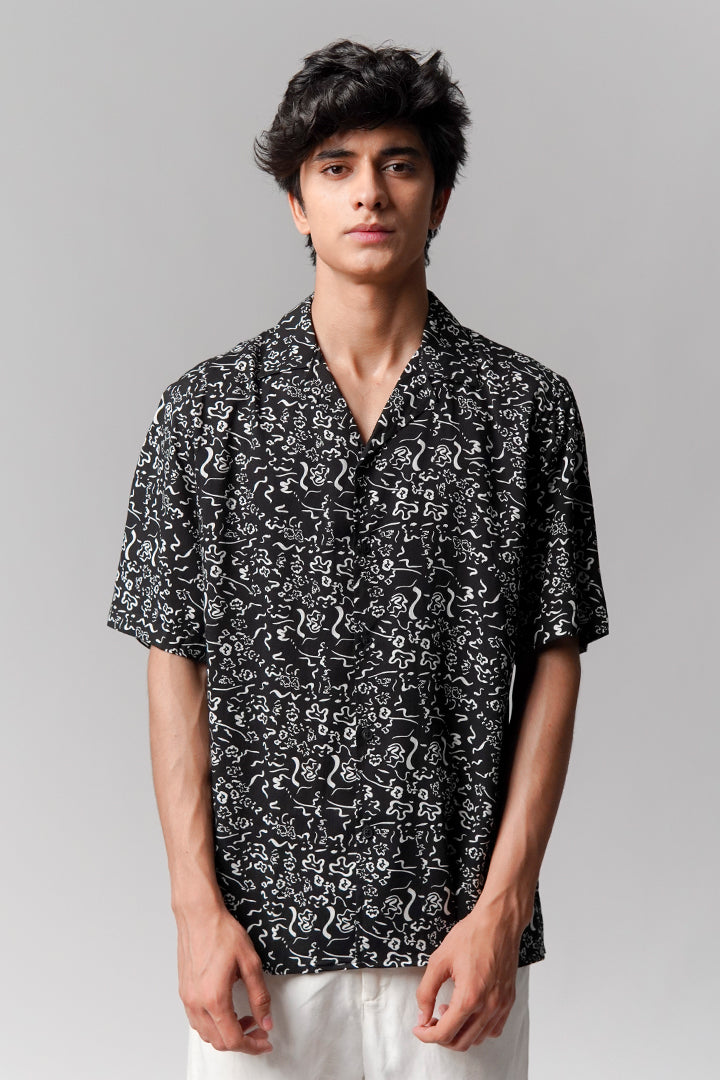 Printed Linen Cuban Shirt -Black - Mendeez
