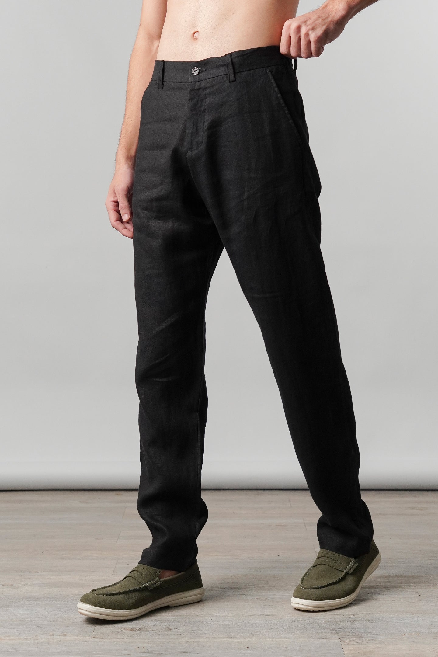 Straight Fit Linen Pants - Black - Mendeez