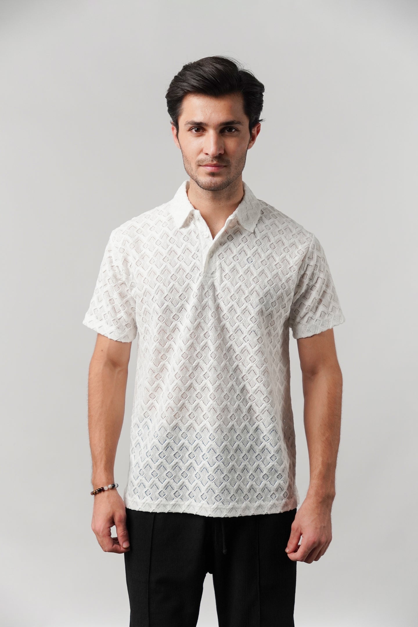 Knitted Polo Shirt - White - Mendeez