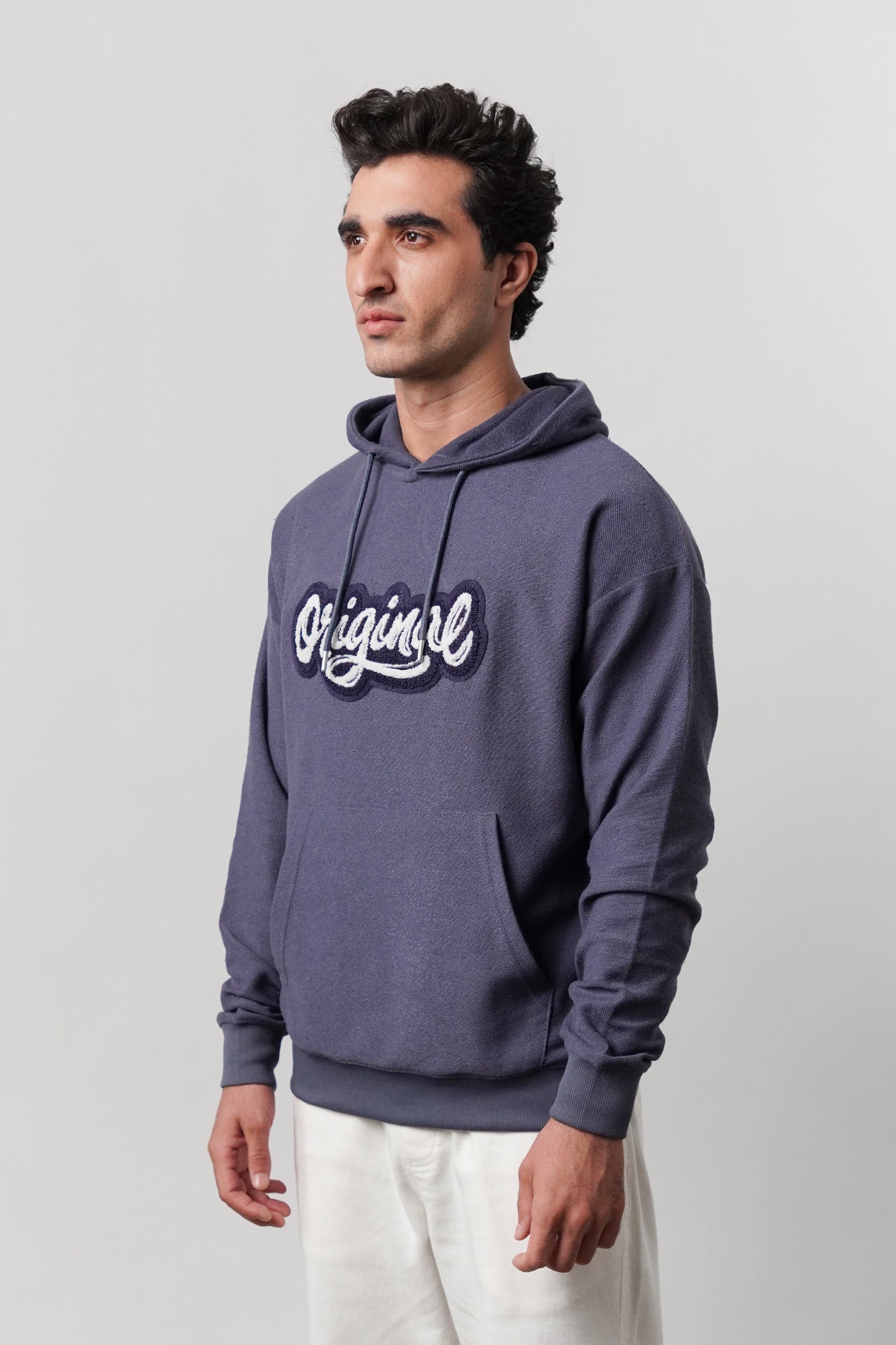 Pullover Embroidered Hoodie - Greyish Blue - Mendeez