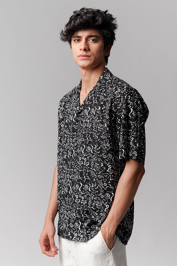 Printed Linen Cuban Shirt -Black - Mendeez