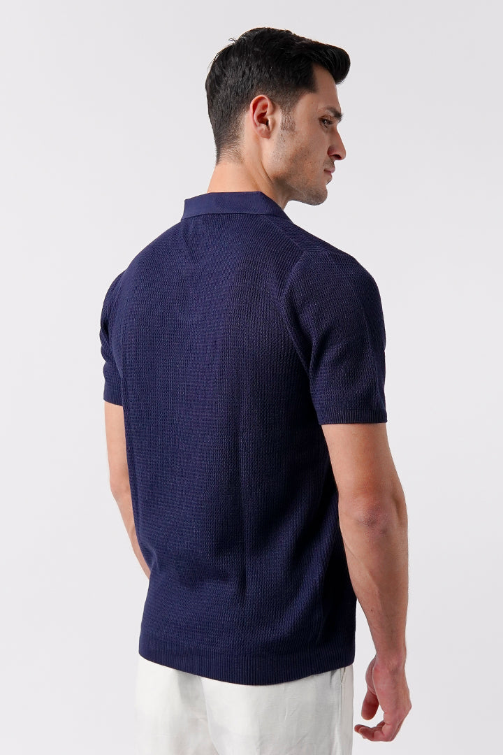 Johnny Collar Knit Polo Shirt - Navy Blue - Mendeez