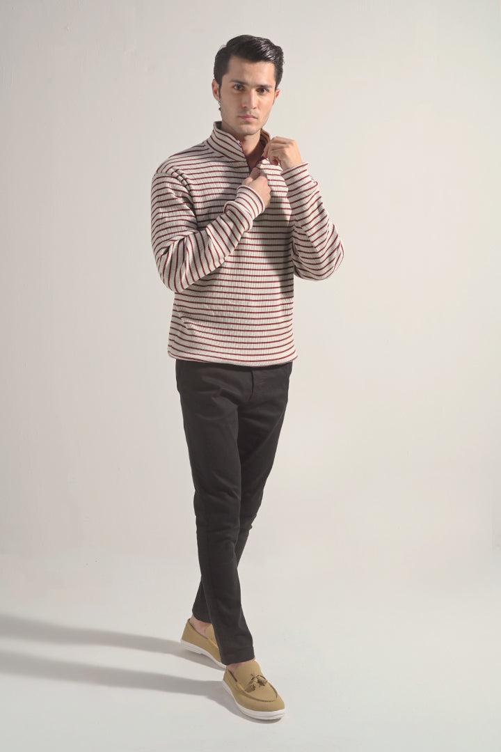 Striped Half Zipper Sweatshirt - Beige - Mendeez