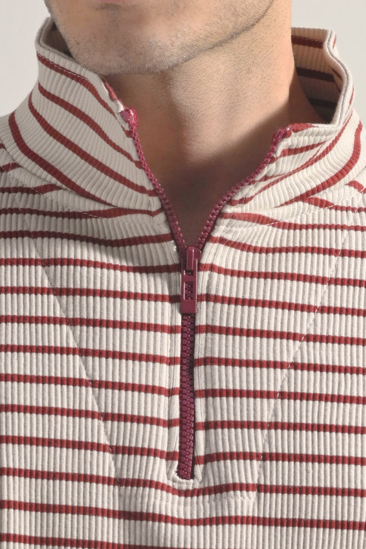 Striped Half Zipper Sweatshirt - Beige - Mendeez