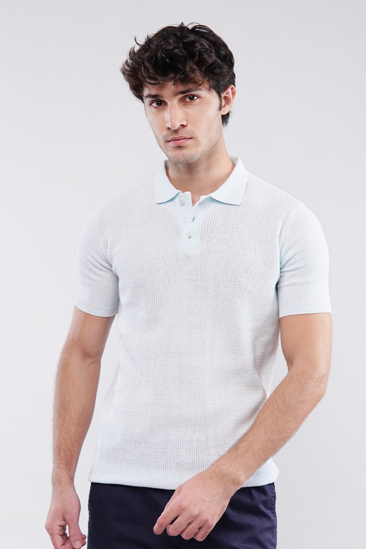Knitted Polo Shirt - Pale Blue - Mendeez