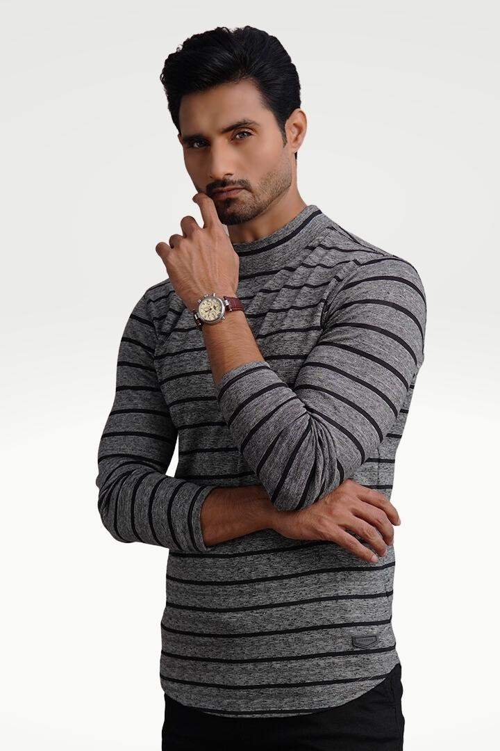 Silvered Slate Mock Neck Striped Sweatshirt - Mendeez PK 