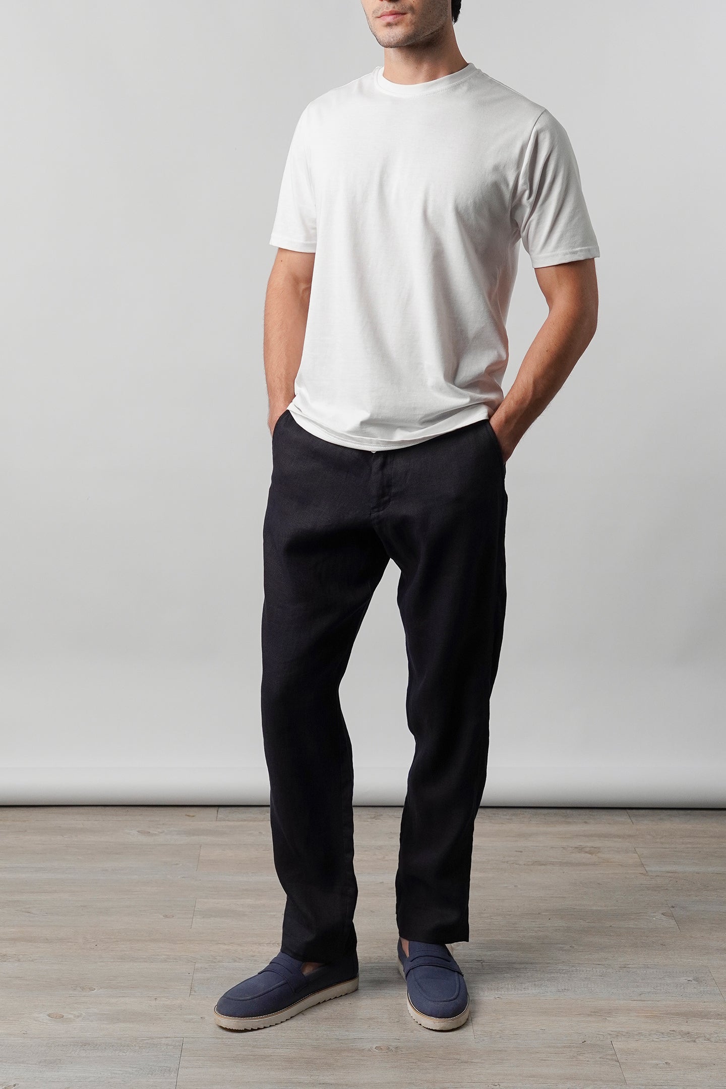 Straight Fit Linen Pants - Navy Blue - Mendeez