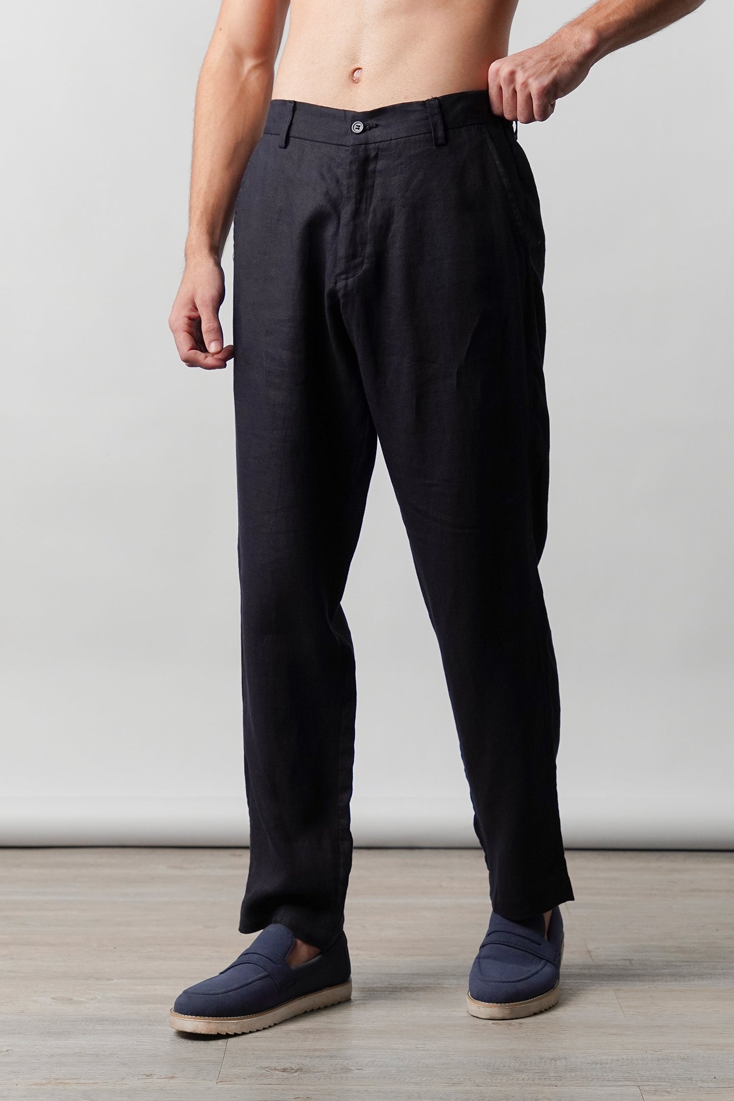 Straight Fit Linen Pants - Navy Blue - Mendeez