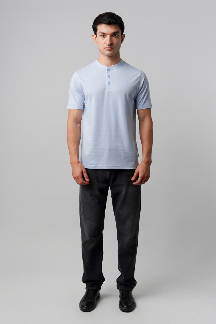 Regular Fit Henley T-Shirt - Sky Blue - Mendeez