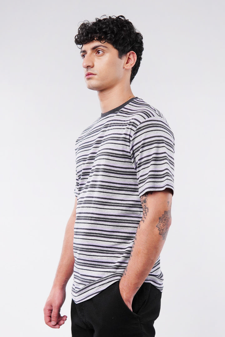 Striped Curved Hem T-Shirt - Heather Grey - Mendeez